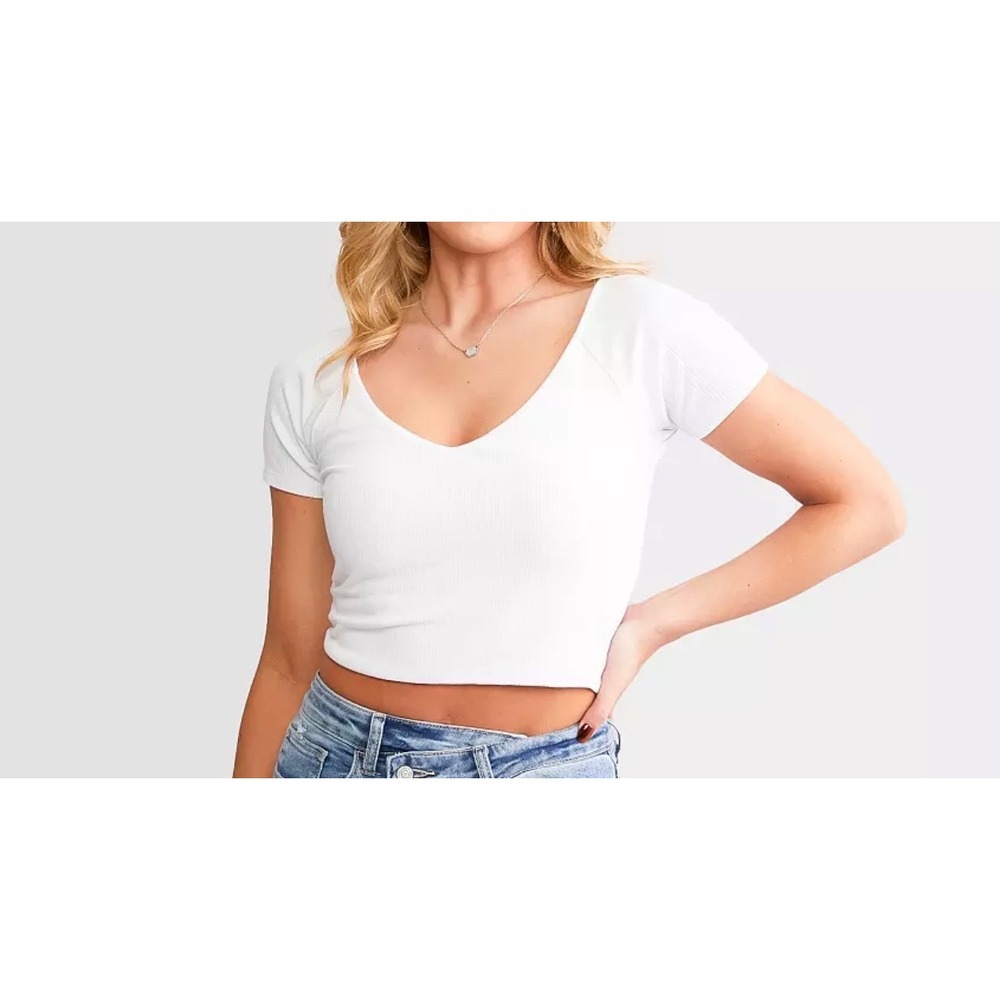 Zenana White Ribbed Double Layer Seamless Crop Top V-Neck S/M
